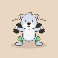 Bear animal lifting dumbbell, Gym Workout mascot, cute sticker, cartoon style vector