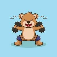 Cute Bear animal lifting dumbbell, Gym Workout mascot, cute sticker, cartoon style vector