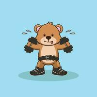 Cute Bear animal lifting dumbbell, Cute sticker, Gym Workout mascot, cartoon style vector