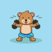 Cute Bear lifting dumbbell, Gym Workout Icon, mascot logo, cute sticker, cartoon style vector