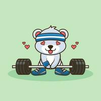 Bodybuilder, Bear animal lifting Barbell. Gym Workout Icon, cute sticker, cartoon style vector