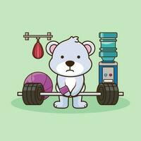 carrocero, adorable oso levantamiento barra con pesas. gimnasio rutina de ejercicio icono, linda pegatina, dibujos animados estilo vector