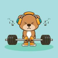 Bodybuilder, Cute mascot Bear lifting Barbell. Gym Workout Icon, cute sticker, cartoon style vector