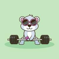 Bodybuilder, Cute Cartoon Bear lifting Barbell. Cute Cartoon mascot Vector Icon Illustration