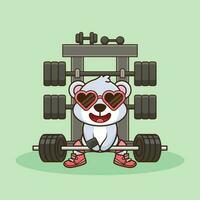 Bodybuilder, Cute Bear animal lifting Barbell. Gym Workout mascot, cute sticker, cartoon style vector