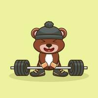Weightlifting, Cute Icon Bear lifting Barbell. Cute sticker, Gym Workout icon, cartoon style vector