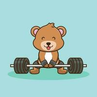 Weightlifting, Cartoon Bear lifting Barbell. Cartoon Vector Gym Workout, icon, Mascot Logo