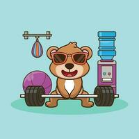 Bodybuilder, Mascot logo Bear lifting Barbell. Cute sticker, Gym Workout logo, cartoon style vector