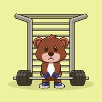 levantamiento de pesas, linda oso levantamiento barra con pesas. linda pegatina, gimnasio rutina de ejercicio icono, dibujos animados estilo vector