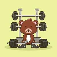 levantamiento de pesas, linda dibujos animados oso levantamiento un barra con pesas. linda oso ejercicio. gimnasio mascota dibujos animados estilo vector