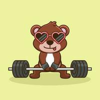 levantamiento de pesas, linda mascota oso levantamiento barra con pesas. linda pegatina, gimnasio rutina de ejercicio mascota, dibujos animados estilo vector