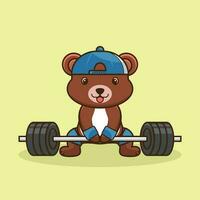 levantamiento de pesas, mascota logo oso levantamiento barra con pesas. linda pegatina, gimnasio rutina de ejercicio icono, dibujos animados estilo vector