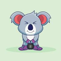 Mascot logo Koala lifting Kettlebell vector design. Cute sticker, Gym Workout logo, cartoon style