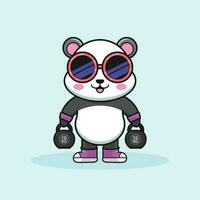 Funny and Cute panda bear Cartoon Illustration Tackling the kettlebells vector