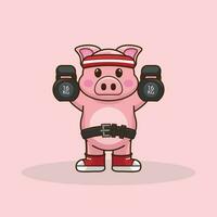 Adorable Cartoon Pig Flexing Muscles with a Kettlebells vector