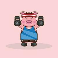 Sporty Pig in blue uniform, A Cartoon Illustration Lifting Kettlebells vector