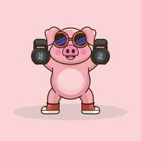 Cute Pig Cartoon Illustration Powering Through Kettlebells Lifts vector