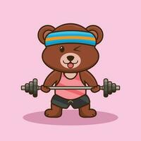 Bodybuilding, Cartoon Bear lifting Barbell. Gym Mascot Cartoon Vector Icon Illustration