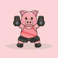 Cute Cartoon Pig on a Fitness Journey with a Kettlebells vector