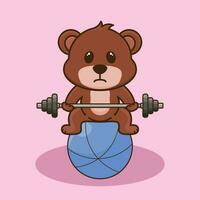 Bodybuilding, Cute Cartoon Bear lifting Barbell. Cute Cartoon Vector Gym Workout Mascot Logo