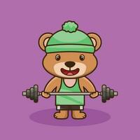 culturismo, mascota logo oso levantamiento barra con pesas. gimnasio rutina de ejercicio icono, linda pegatina, dibujos animados estilo vector