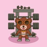 Bodybuilding, Cute Cartoon Bear lifting Barbell. Cute Cartoon mascot Vector Icon Illustration