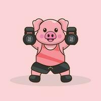 Cartoon Pig Engaging in Sports Activities, Lifting Kettlebells vector