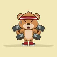 Mascot logos Bear lifting dumbbell, Cute sticker, Gym Workout icon, cartoon style vector