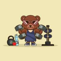 Cute Cartoon Bear lifting dumbbell, Gym Cartoon Icon Illustration. Flat Cartoon Style vector