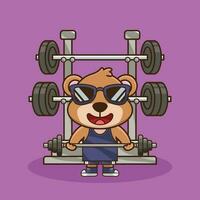 Weight training, Cartoon Bear lifting Barbell. Cartoon Vector workout, Icon, mascot Illustration