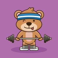 Weight training, Bear animal lifting Barbell. Gym Workout Cartoon Vector Icon Illustration