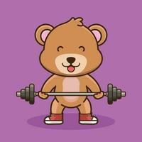 Weight training, Bear animal lifting Barbell. Cute sticker, Gym Workout mascot, cartoon style vector