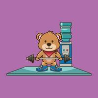 Weight training, Cute Bear animal lifting Barbell. Cute sticker, Gym Workout icon, cartoon style vector