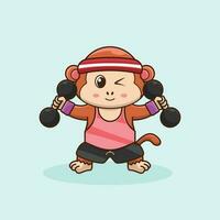 Cute Monkey lifting dumbbell Gym Workout Icon, mascot logo, cute sticker, cartoon style vector