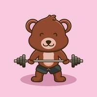 culturismo, linda mascota oso levantamiento barra con pesas. gimnasio rutina de ejercicio icono, linda pegatina, dibujos animados estilo vector