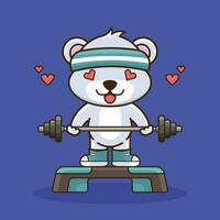 Weight training, Cute Cartoon Bear lifting a Barbell. Sport Icon, gym mascot, cute animal sticker vector