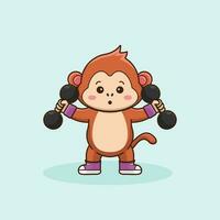 Mascot logo Monkey lifting dumbbell Gym Workout mascot, cute sticker, cartoon style. vector