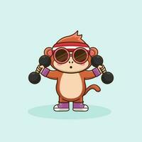 mono animal levantamiento pesa linda pegatina, gimnasio rutina de ejercicio mascota, dibujos animados estilo. vector