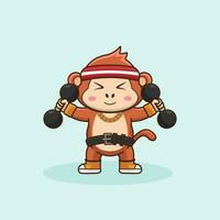 Monkey animal lifting dumbbell Cute sticker, Gym Workout icon, cartoon style. vector