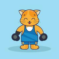 cute cartoon orange cat in sportwear uniform holding barbell vector