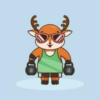 Cute deer Gym Buddy Lifting a kettlebells, cute animal weighlifting. vector