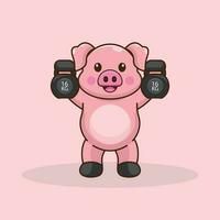 Energetic Pig Cartoon Character Conquering the Kettlebells Challenge vector