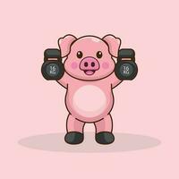 Energetic Pig Cartoon Character Conquering the Kettlebells Challenge vector