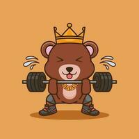 linda mascota, linda mascota oso levantamiento barra con pesas. gimnasio rutina de ejercicio mascota, linda pegatina, dibujos animados estilo vector