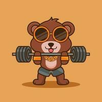 Cute mascot, Cartoon Bear lifting Barbell. Workout Icon Concept Isolated Premium Vector