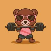 Cute mascot, Cute Bear animal lifting Barbell. Gym Workout Icon, cute sticker, cartoon style vector