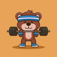 linda mascota, linda dibujos animados oso levantamiento barra con pesas. linda dibujos animados vector gimnasio rutina de ejercicio mascota logo