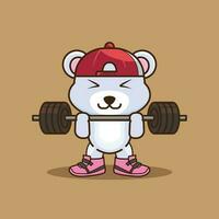 linda mascota, mascota logo oso levantamiento barra con pesas. linda pegatina, gimnasio rutina de ejercicio logo, dibujos animados estilo vector