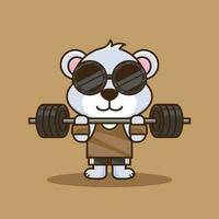 Physical exercise, Bear animal lifting Barbell. Cute sticker, Gym Workout icon, cartoon style vector