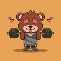 linda mascota, oso animal levantamiento barra con pesas. gimnasio rutina de ejercicio icono, linda pegatina, dibujos animados estilo vector